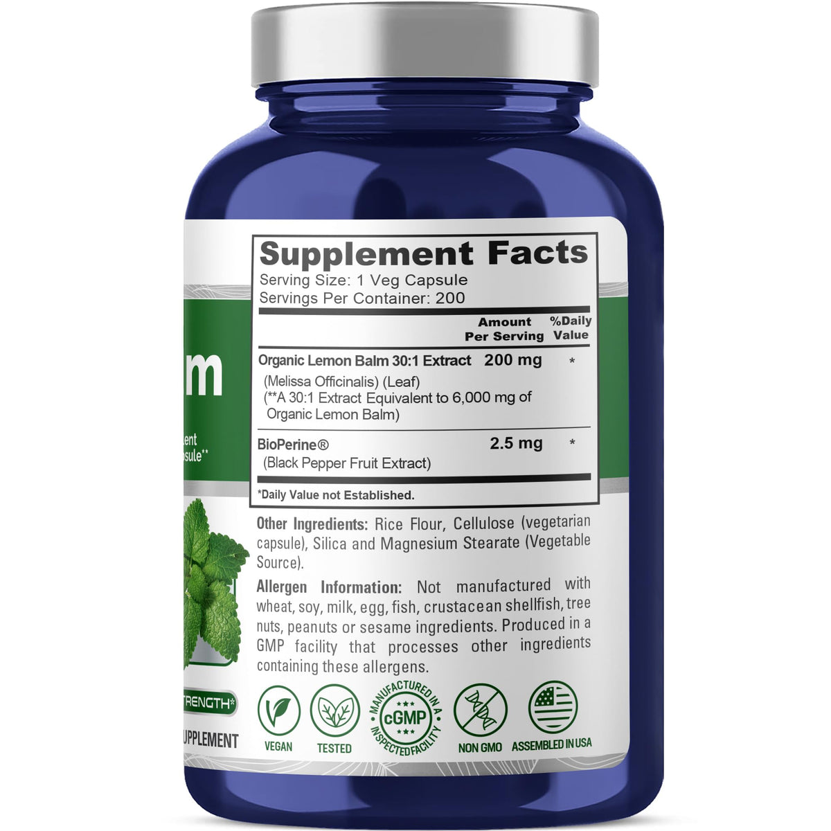 NusaPure Lemon Balm 30:1 Extract, 200 mg Equivalent to 6000mg Per Vegan Caps - 200 Count Non-GMO, Vegan Bioperine NusaPureBuy Supplements Australia