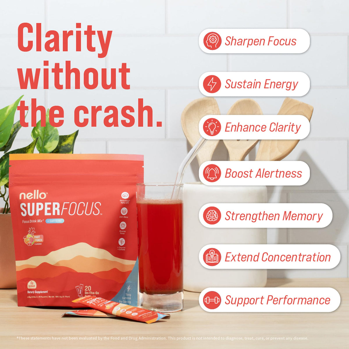 Nello Superfocus – Nootropic Focus Drink Mix for Productivity, Caffeine, L-Theanine, Rhodiola Rosea, Alpha-GPC, Lion’s Mane, Tyrosine, Sugar-Free Packets - With Caffeine (Pack of 20) (20 Servings (Caffeine), Fruit Punch) NelloBuy Supplements Australia