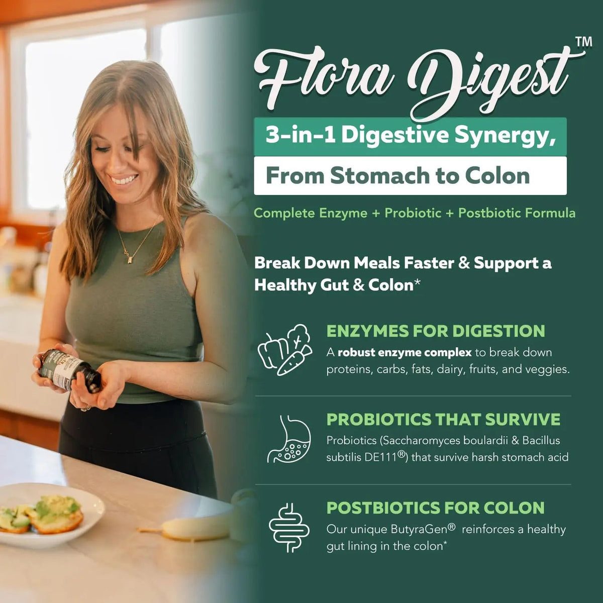 Flora Digest - 3-in-1 Max Strength Digestive Enzymes + Gut Surviving Probiotics & ButyraGen® Postbiotic for Optimal Digestion, Bloating Relief, Regularity, Gut Lining & Colon Support - (30 Capsules) Triquetra HealthBuy Supplements Australia
