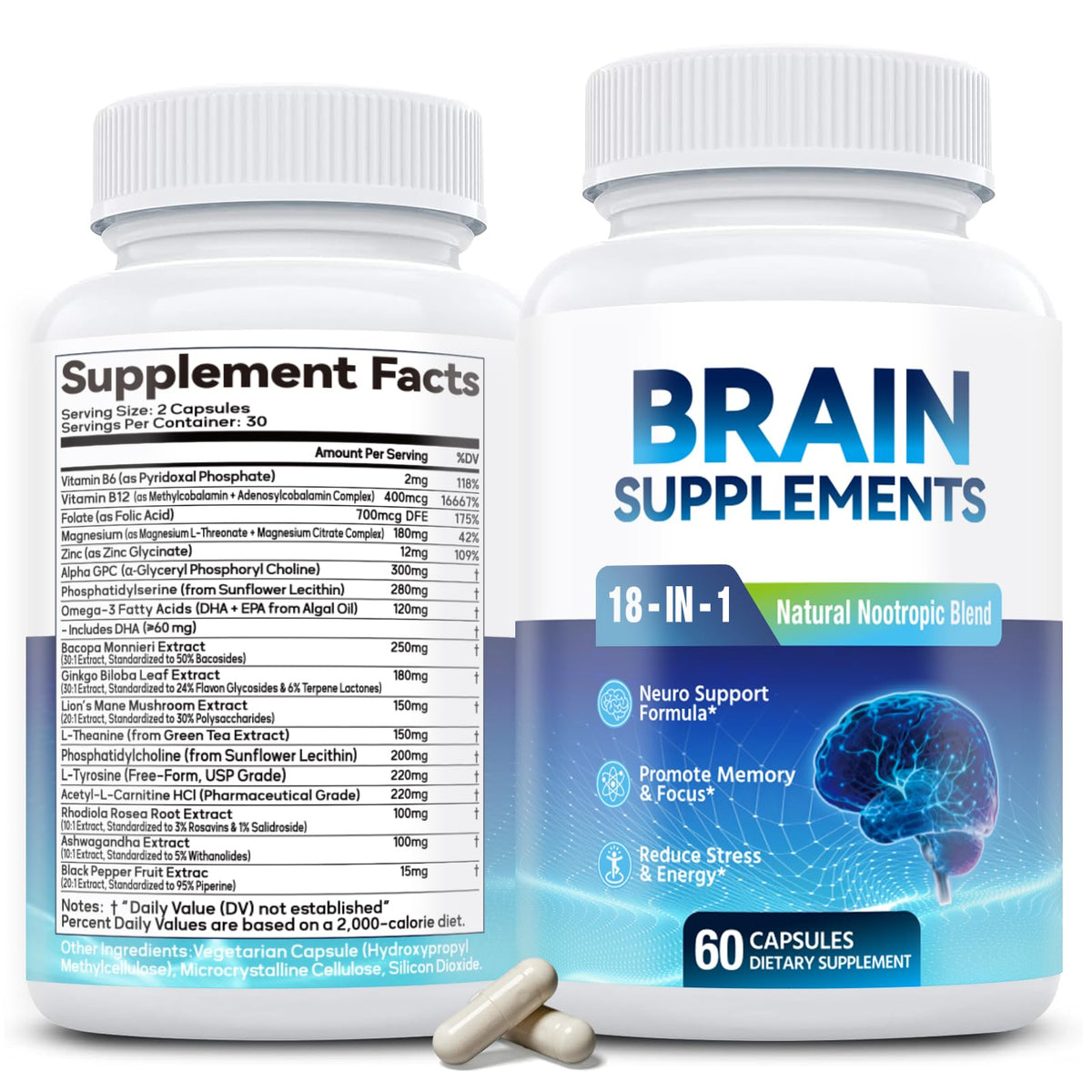 18-in-1 Brain Supplement for Memory and Focus – Nootropic Capsules with Alpha GPC, Bacopa, Ginkgo Biloba, Lion's Mane, Vitamin B6 & B12 | Cognitive Health, Mental Clarity | Vegan, Non-GMO FenolutraBuy Supplements Australia