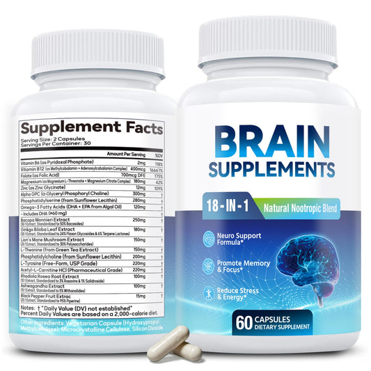 18-in-1 Brain Supplement for Memory and Focus – Nootropic Capsules with Alpha GPC, Bacopa, Ginkgo Biloba, Lion's Mane, Vitamin B6 & B12 | Cognitive Health, Mental Clarity | Vegan, Non-GMO FenolutraBuy Supplements Australia