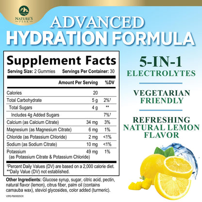 Hydration Electrolyte Gummies - Daily Liquid Replenisher Gummy - Electrolyte Multiplier with Minerals, Potassium & Real Salt - Vegan, Non-GMO - Tasty Lemon Flavor Hydration Electrolytes - 60 Gummies