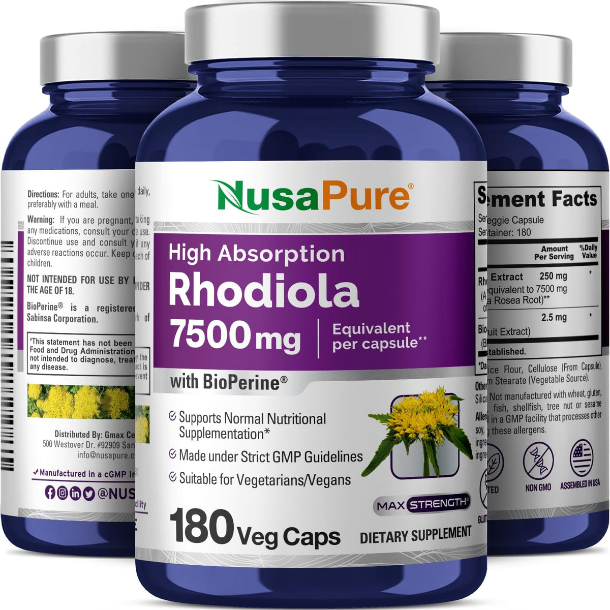 NusaPure Rhodiola Rosea 7,500mg 180 Veggie Capsules (Non-GMO, Extract 30:1, Vegan & Gluten-Free) Bioperine NusaPureBuy Supplements Australia