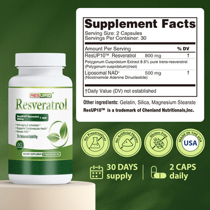 PureBotan Liposomal NAD+ Resveratrol Supplement 1300mg, High Bioavailable Trans Resveratrol ResUP10, with Extra Strength NAD Plus, Support Aging, Cardiovascular Health and Cellular Energy, 60 Capsules PureBotanBuy Supplements Australia
