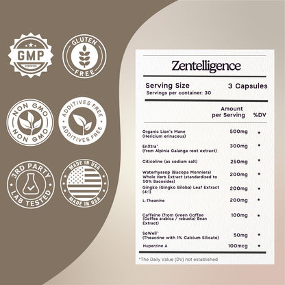 Zen Principle Zentelligence™ Focus Nootropic Supplement for Students & Professionals | Energy, Memory & Stress Support | Jitter-Free Formula with L-Theanine, Ginkgo Biloba, Huperzine A. 90 Capsules Zen PrincipleBuy Supplements Australia