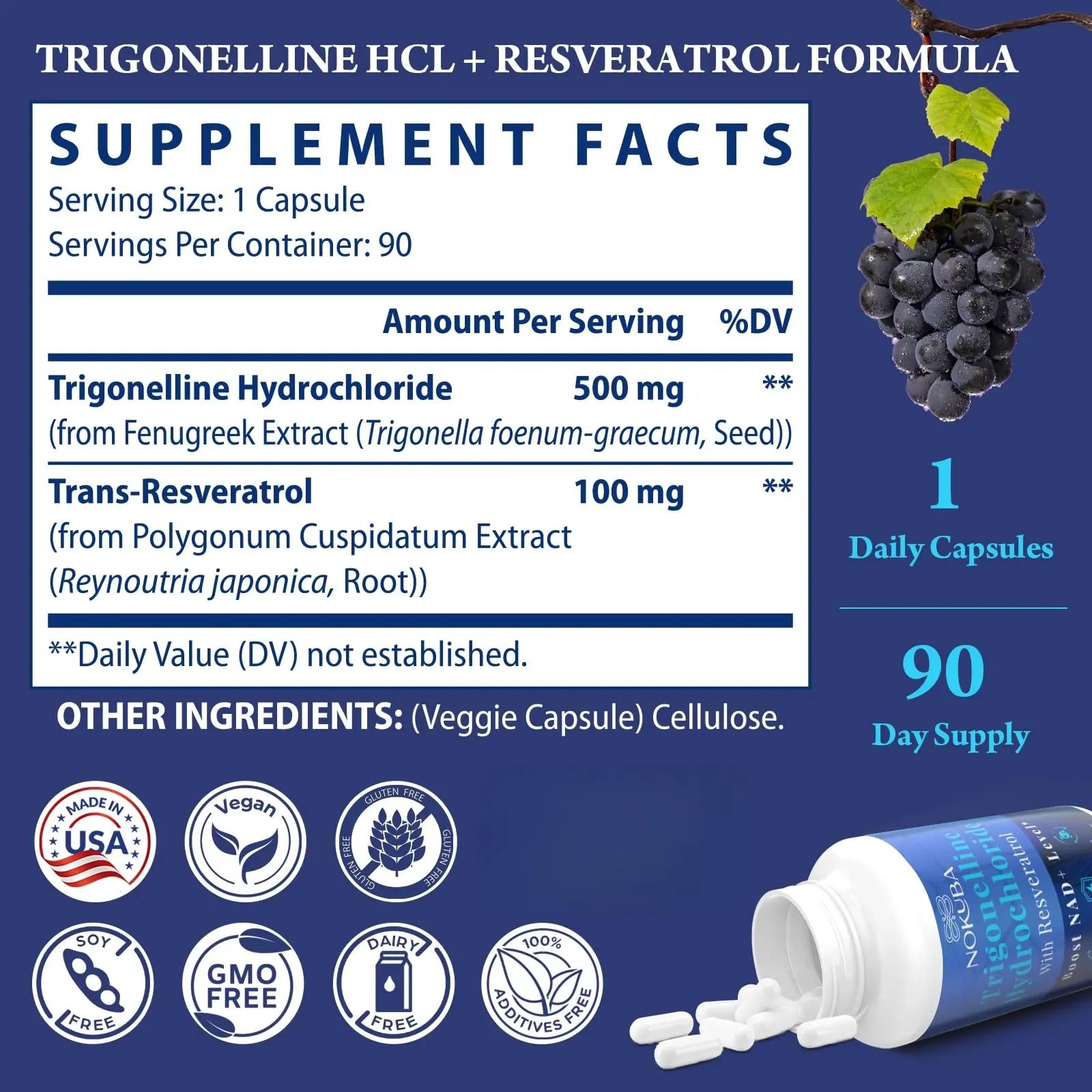Nokuba NAD Supplement - NMNH Alternative with Trigonelline HCL 500mg & Resveratrol - NAD+ Precursors Plant Extraction - Support Cellular Energy & Healthy Aging & Brain for Women & Men - 90 Capsules NokubaBuy Supplements Australia