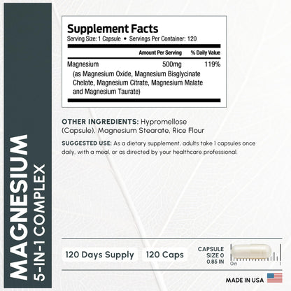 ForestLeaf Magnesium Complex for Women and Men - 500mg Magnesium Supplement for Sleep - 5-in-1 Chelated Magnesium Citrate, Bisglycinate, Malate, Taurate, Oxide (120 Ct) ForestLeaf buy supplements Au