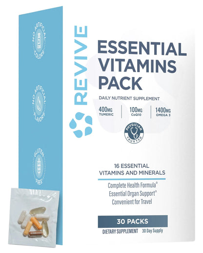 Revive MD Essential Vitamin Packs for Men & Women – Daily Multivitamin Packets with Arjuna & Turmeric Extract – Supports Heart, Joint & Organ Health Revive