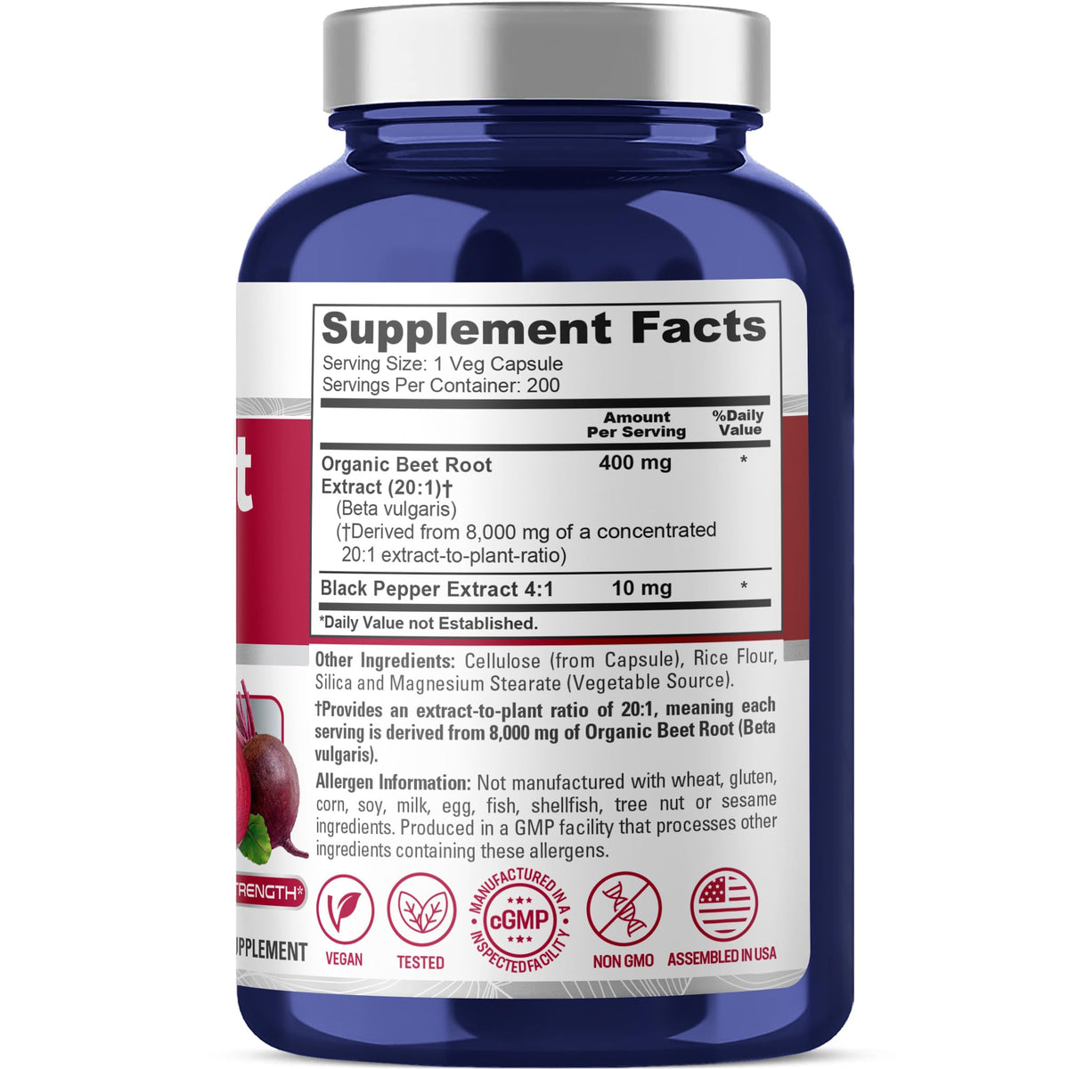 NusaPure Organic Beet Root 20:1 Extract, 400 mg Equivalent to 8,000 mg - Black Pepper 4:1 Extract, 10 mg - 200 Veggie caps (Vegan, Non-GMO) NusaPureBuy Supplements Australia
