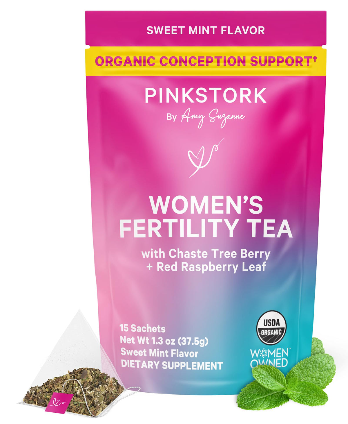 Pink Stork Organic Fertility Tea for Women | Fertility Supplements for Women with Chaste Tree Berry (Vitex) + Red Raspberry Leaf | Hormone Balance Herbal Tea for Conception Support | USDA Organic, Caffeine Free - Sweet Mint, 15 Sachets Pink StorkBuy Supplements Australia