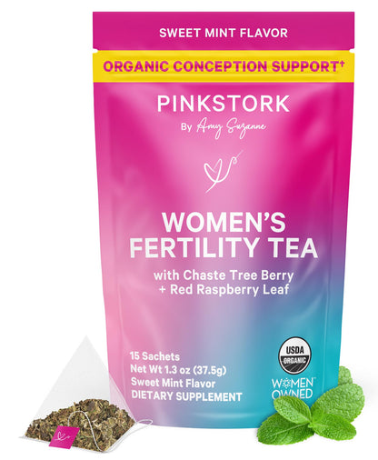 Pink Stork Organic Fertility Tea for Women | Fertility Supplements for Women with Chaste Tree Berry (Vitex) + Red Raspberry Leaf | Hormone Balance Herbal Tea for Conception Support | USDA Organic, Caffeine Free - Sweet Mint, 15 Sachets Pink StorkBuy Supplements Australia