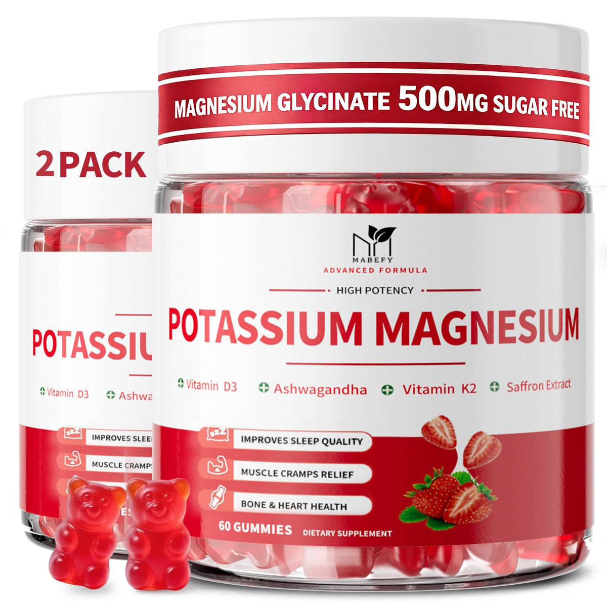 2 Pack Potassium Magnesium Gummies, Sugar Free Potassium Supplement Magnesium Glycinate 500mg, Ashwagandha, Vitamins D3, C, B6, Calcium & Zinc for Sleep, Leg Cramps & Muscle Relaxation-120 Count MABEFYBuy Supplements Australia