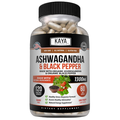 Kaya Naturals Ashwagandha 1300mg, 120 Count Capsules for Stress Relief, Adrenal, Mood & Thyroid Support, Black Pepper and 100% Pure Ashwagandha -120 Capsules Kaya NaturalsBuy Supplements Australia