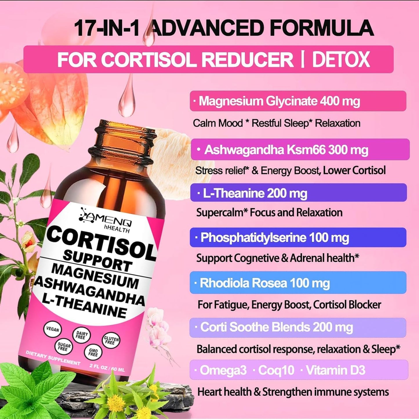 Cortisol Supplement Liquid Drops, 17-in-1 Cortisol Reducer w. Ksm-66 Ashwagandha Theanine Rhodiola Rosea Magnesium Phosphatidylserine, Hormone Balanced & Lower Cortisol for Women Calm* Relaxation AMENQ hHEALTHBuy Supplements Australia