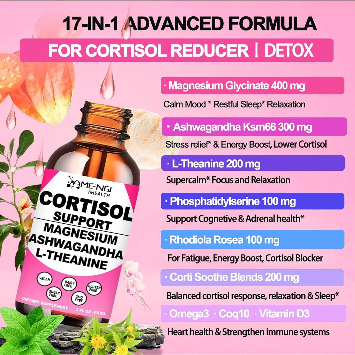 Cortisol Supplement Liquid Drops, 17-in-1 Cortisol Reducer w. Ksm-66 Ashwagandha Theanine Rhodiola Rosea Magnesium Phosphatidylserine, Hormone Balanced & Lower Cortisol for Women Calm* Relaxation AMENQ hHEALTHBuy Supplements Australia