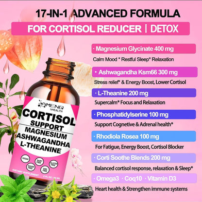 Cortisol Supplement Liquid Drops, 17-in-1 Cortisol Reducer w. Ksm-66 Ashwagandha Theanine Rhodiola Rosea Magnesium Phosphatidylserine, Hormone Balanced & Lower Cortisol for Women Calm* Relaxation AMENQ hHEALTHBuy Supplements Australia