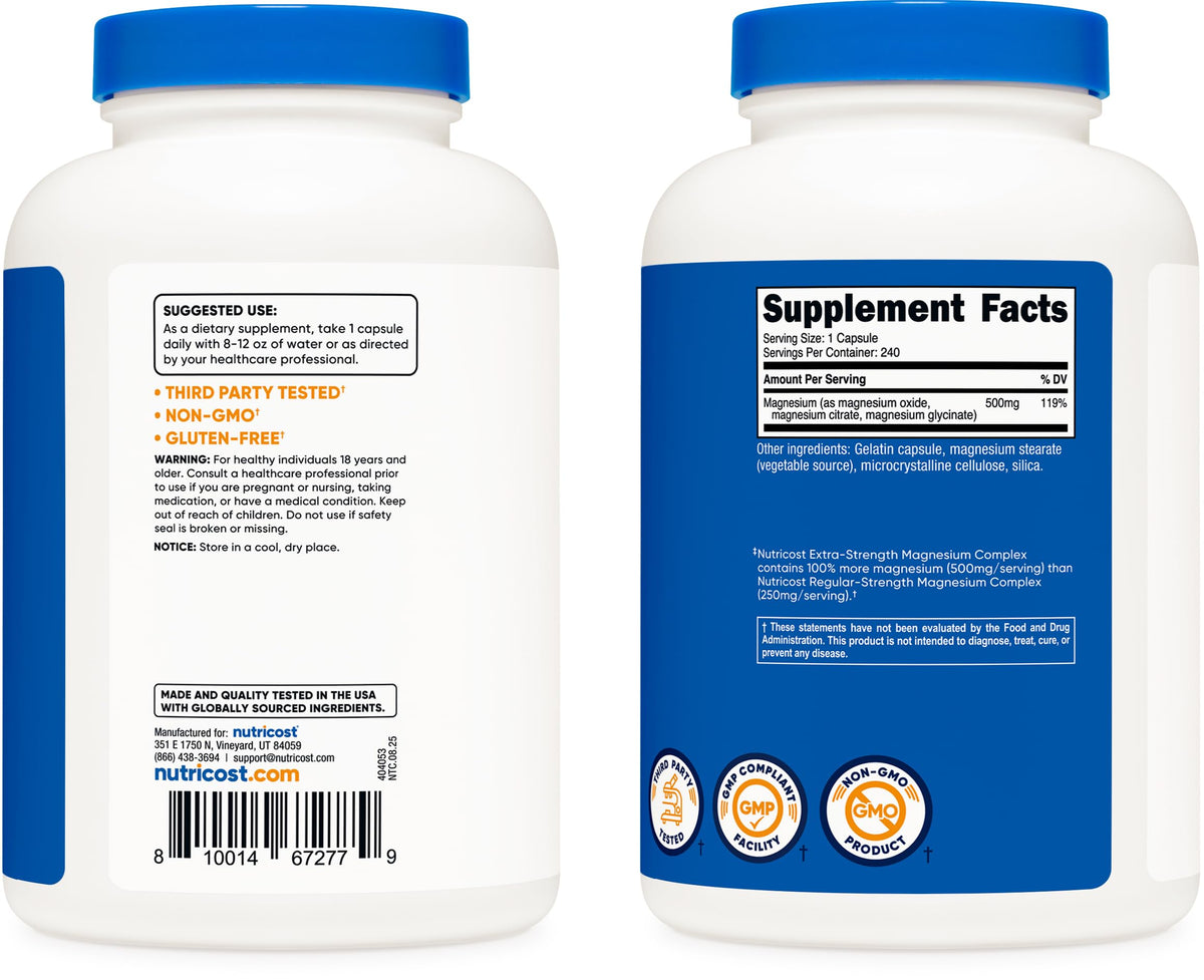 Nutricost Magnesium Complex 500mg, 240 Capsules - Magnesium Oxide, Citrate, and Glycinate - Gluten Free and Non-GMO NutricostBuy Supplements Australia