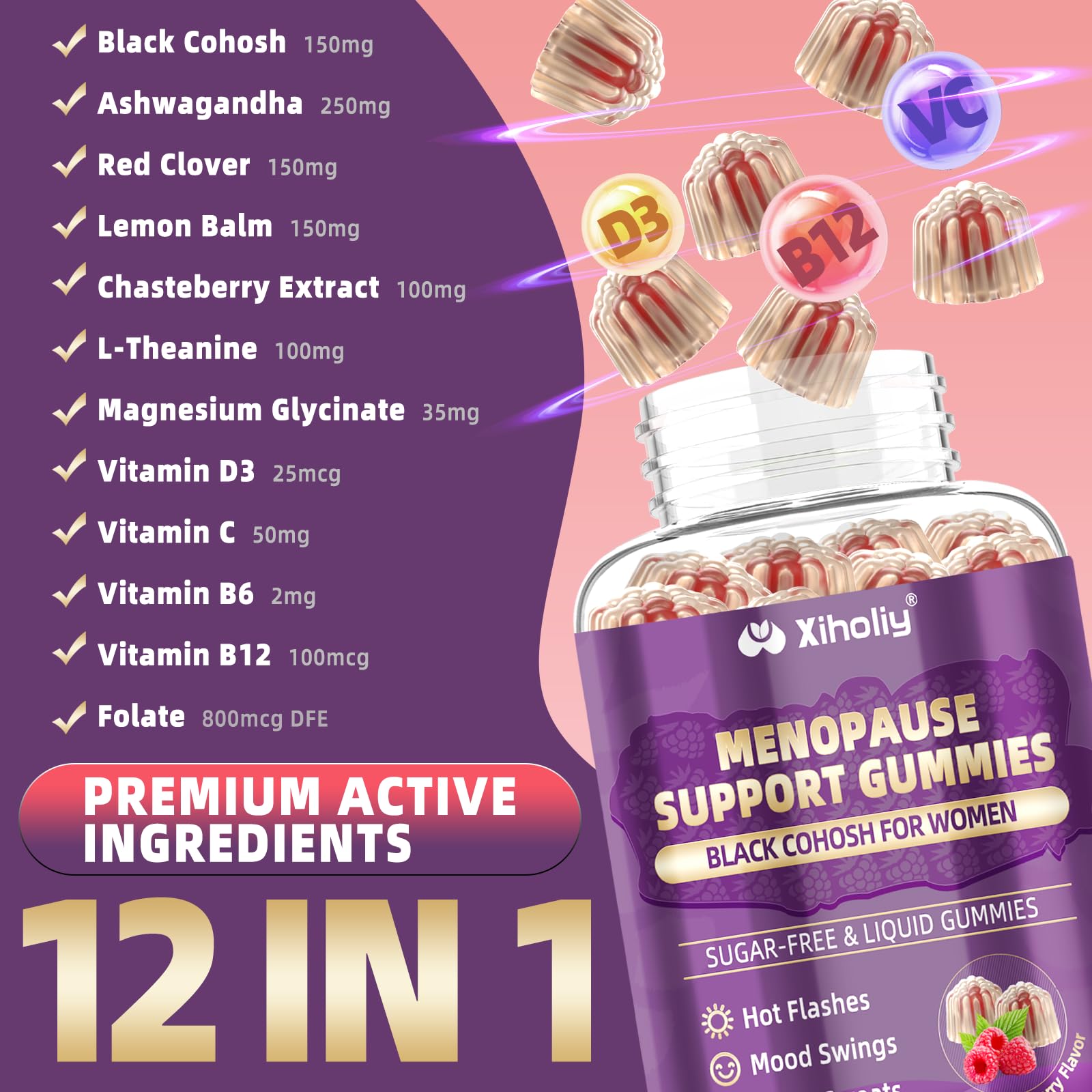Menopause Supplements for Women with Black Cohosh, Menopause Relief Sugar Free Gummies for Hot Flashes, Natural Female Hormone Balance & Ashwagandha, Magnesium for Night Sweats, Mood Swings, 60 Count XIHOLIYBuy Supplements Australia