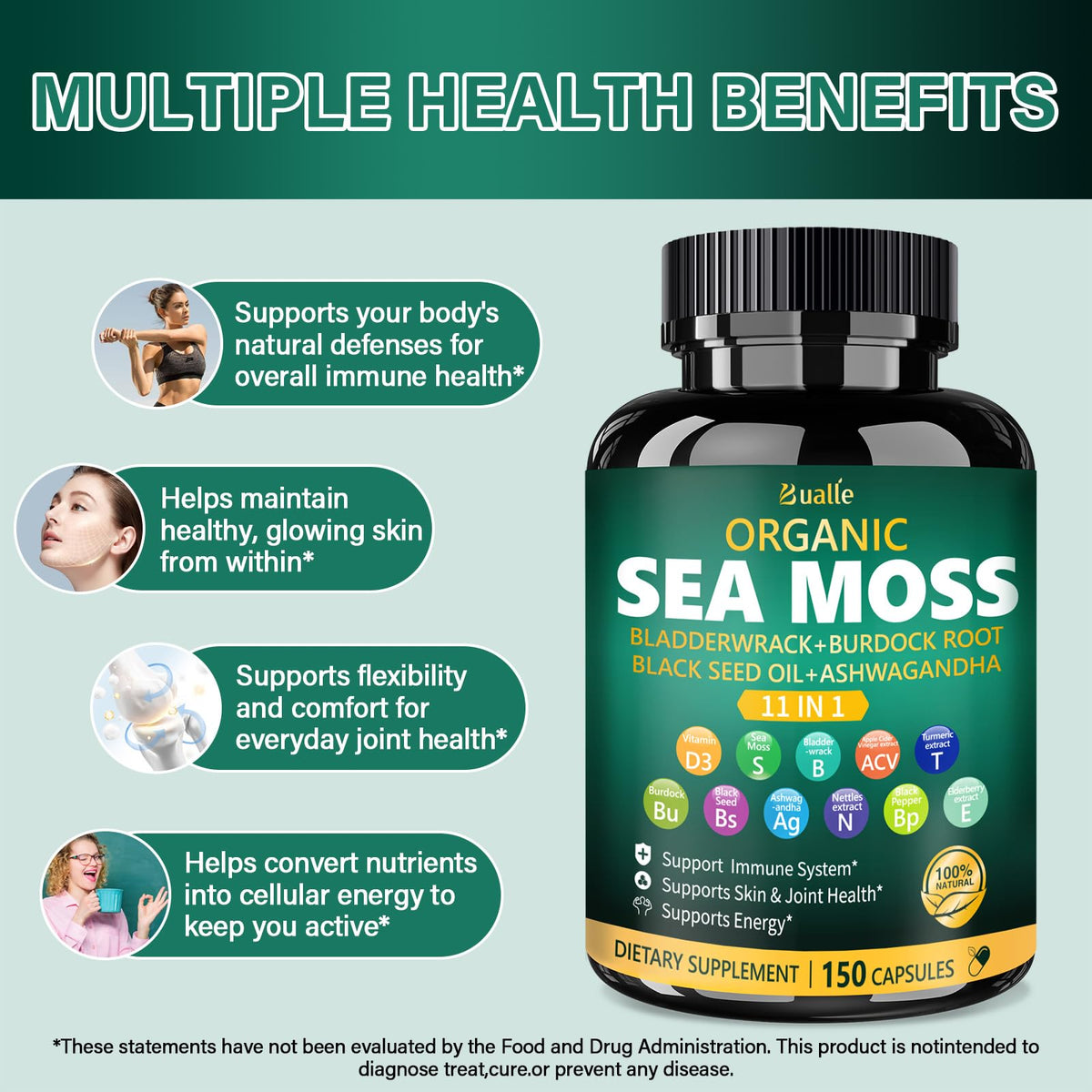 Bualle Irish Sea Moss Capsules – Organic Sea Moss, Black Seed Oil, Ashwagandha Supplements with Bladderwrack, Ginger & Burdock Root – Supports Daily Wellness, Skin & Energy – 150 Count (1 Pack) Bualle buy supplements Au