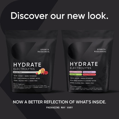 Sports Research® Hydrate Electrolytes Powder Packets - Sugar-Free & Naturally Flavored with Vitamins, Minerals, and Coconut Water - Supports Hydration - 16 Packets - Variety Pack