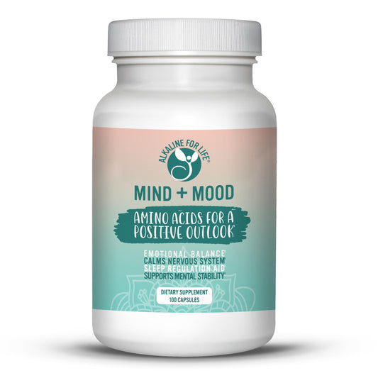 Supplement bottle labeled 'Mind + Mood' on a white background