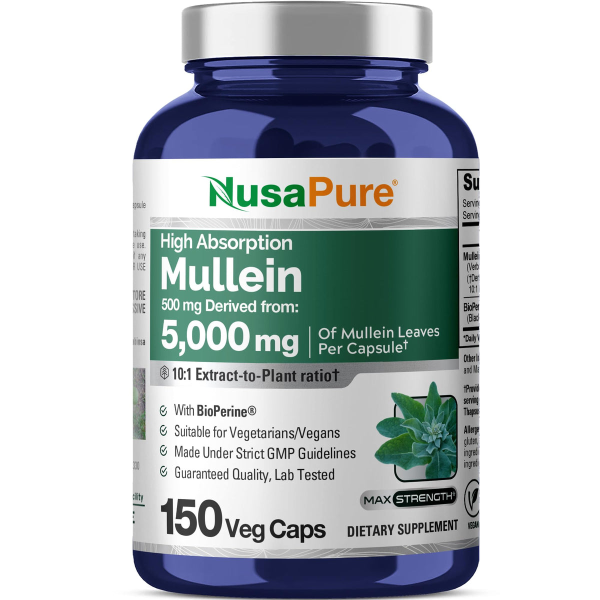 NusaPure Mullein Leaf Capsules 10:1 Extract, 500 mg Equivalent to 5,000 mg per Veggie Caps - 150 Count - Verbascum Thapsus (Non-GMO, Vegan) Dietary Supplement NusaPureBuy Supplements Australia