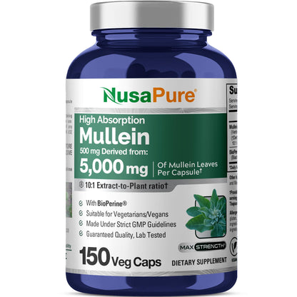 NusaPure Mullein Leaf Capsules 10:1 Extract, 500 mg Equivalent to 5,000 mg per Veggie Caps - 150 Count - Verbascum Thapsus (Non-GMO, Vegan) Dietary Supplement NusaPureBuy Supplements Australia