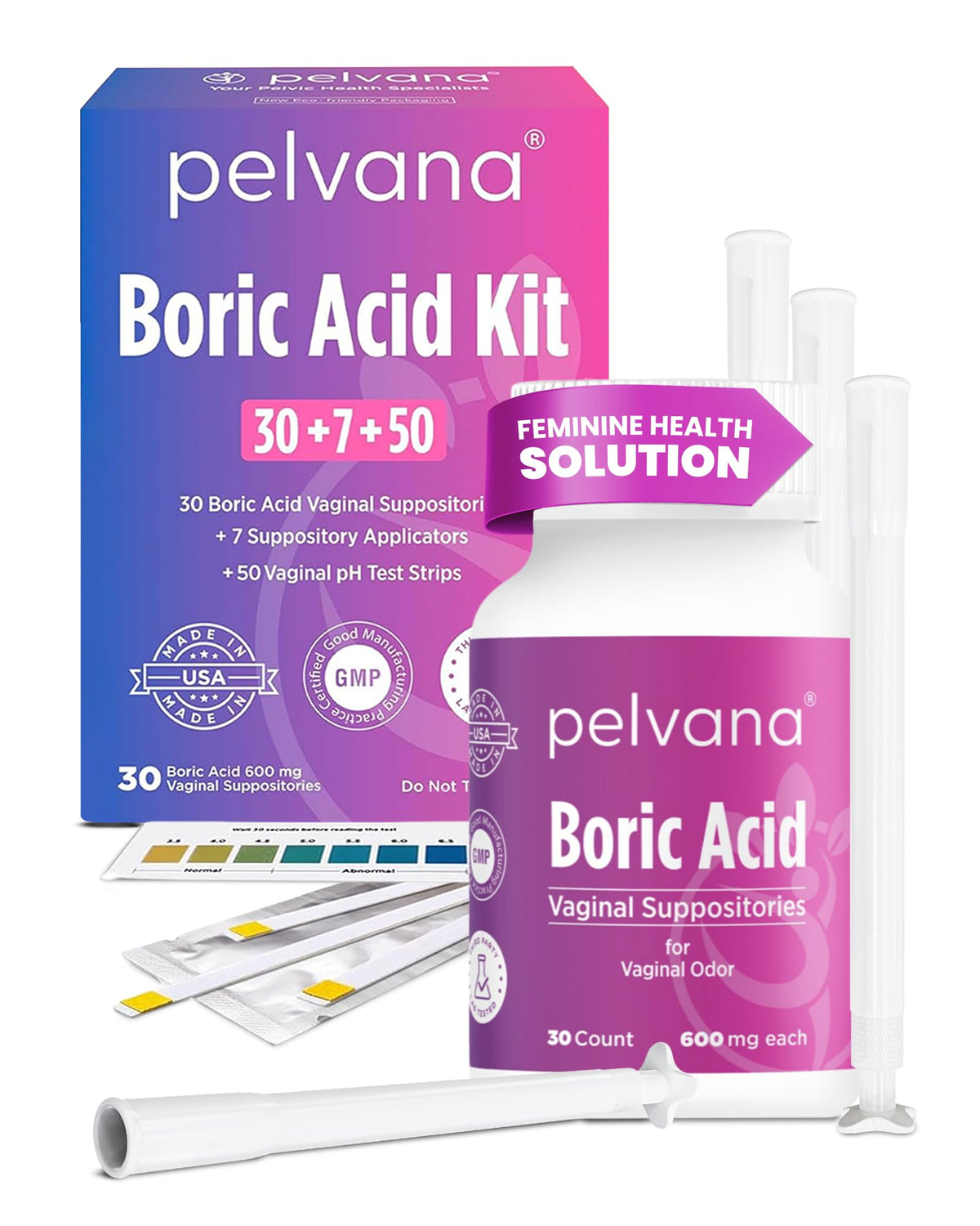 Pelvana Boric Acid Suppositories for Women 30 + 7 Applicators + 50 pH Test Strips, Total of 87 Piece Kit for Vaginal Odor - Third-Party Verified & Bottled in The USA - Feminine Health Odor Solution PelvanaBuy Supplements Australia