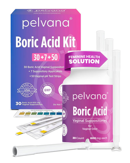 Pelvana Boric Acid Suppositories for Women 30 + 7 Applicators + 50 pH Test Strips, Total of 87 Piece Kit for Vaginal Odor - Third-Party Verified & Bottled in The USA - Feminine Health Odor Solution PelvanaBuy Supplements Australia