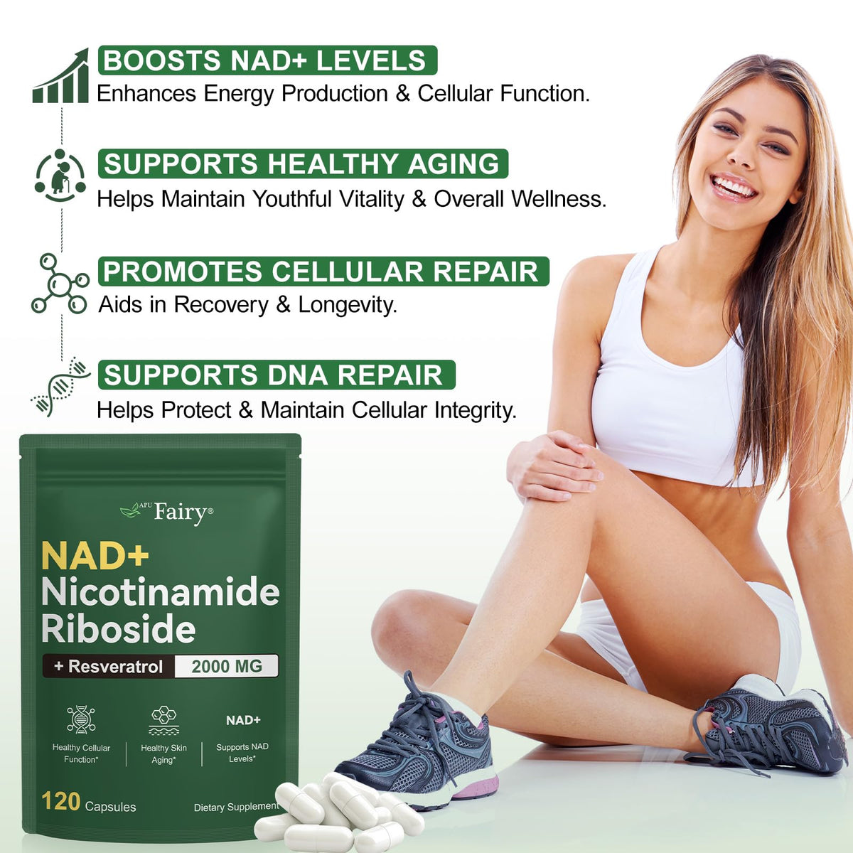 APU.FAIRY NAD Supplement,NAD Nicotinamide Riboside,Extra Strength NAD Alternative Liposomal,Boost NAD & Resveratrol + for Women & Men,Energy Anti-Aging,Cell Regeneration,120 Capsules sack-120 APU.FAIRYBuy Supplements Australia