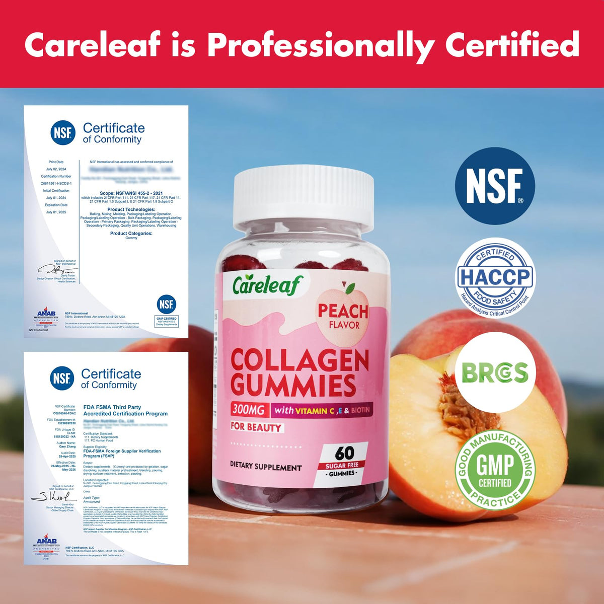 careleaf Sugar Free Collagen Gummies with Vitamin C Vitamin E Support Natural Collagen Production, Healthy Hair, Nails and Bones,Peach Flavor,60 Gummies for 30 Days Supply careleaf buy supplements Au