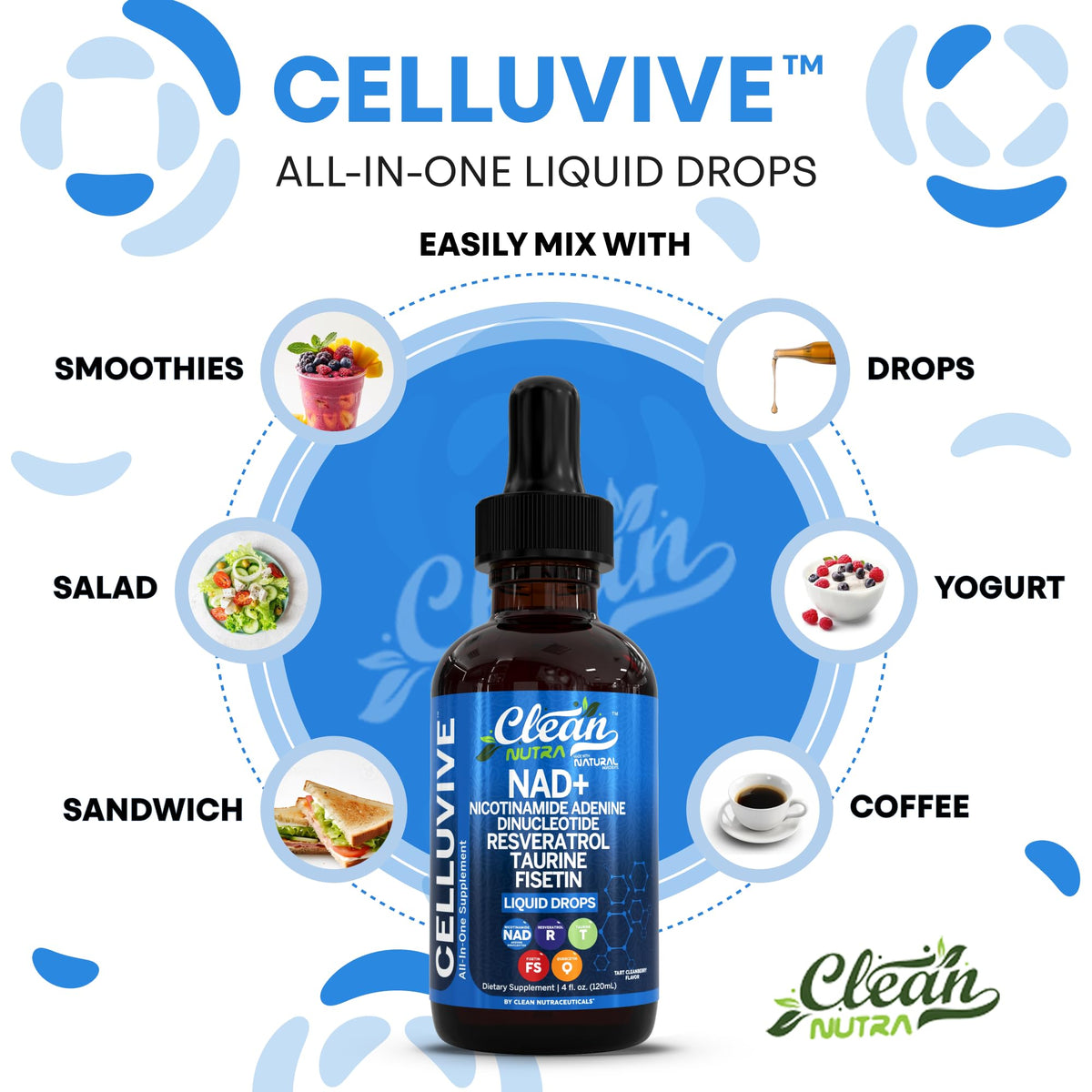 Clean Nutra NAD Liquid Supplement Drops Resveratrol Polyphenols Liposomal Taurine Fisetin Grape Seed Extract Japanese Knotweed Fo Ti Anti Aging NAD+ Nicotinamide Adenine Dinucleotide for Women & Men Clean NutraceuticalsBuy Supplements Australia