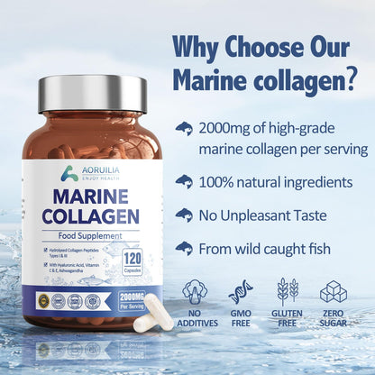 Marine Collagen Supplements for Women Men 2000mg 120 Capsules Hyaluronic Acid, Vitamin C, Vitamin E, & Ashwagandha AoruiliaBuy Supplements Australia