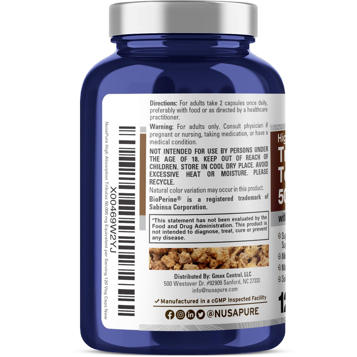 NusaPure Tribulus Terrestris 50:1 Extract, 1000 mg Equivalent to 50,000mg| 120 Veggie Caps | 95% Steroidal Saponins | Non-GMO, Bioperine & Vegan NusaPureBuy Supplements Australia