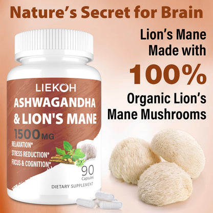 Liekoh Ashwagandha & Lions Mane Supplement Capsules, Brain Supplements for Memory and Focus, Ashwagandha Supplement with Rhodiola & Black Peppe, Cortisol Supplements for Women & Men,90 Caps LiekohBuy Supplements Australia