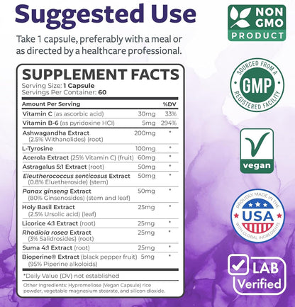 Adrenal System Support & Cortisol Manager (2 Month Supply) Powerful Ashwagandha & L-Tyrosine Fatigue Supplement - Maintain Balanced Cortisol Levels, Health, & Stress Relief - Non-GMO - 60 Capsules Healths HarmonyBuy Supplements Australia