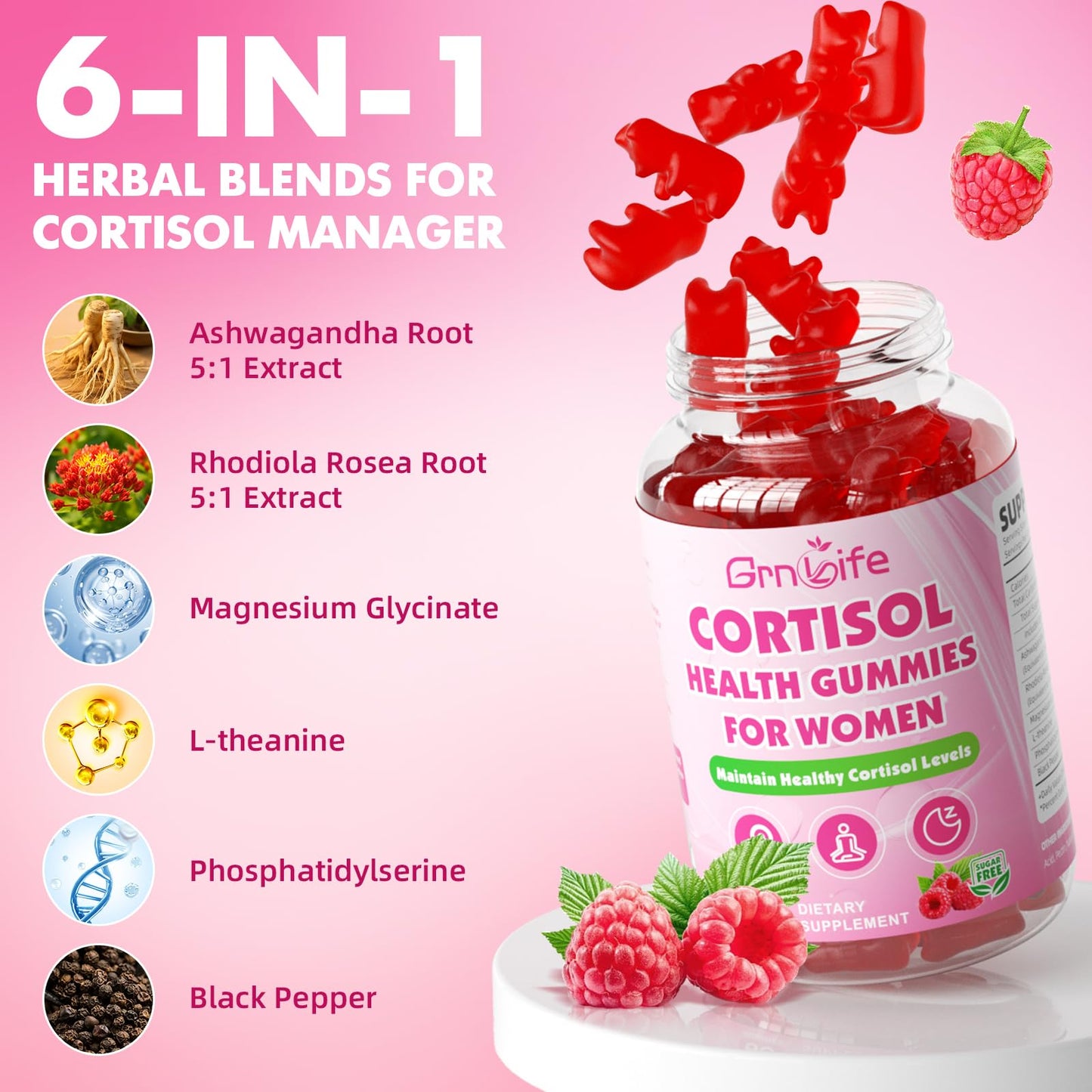 Cortisol Gummies for Women, Cortisol Supplements Gummies with Magnesium Ashwagandha Rhodiola Rosea and L-theanine Complex for Relaxation and Focus, Zzz Support, Raspberry Flavor, 60 Count GrnLifeBuy Supplements Australia