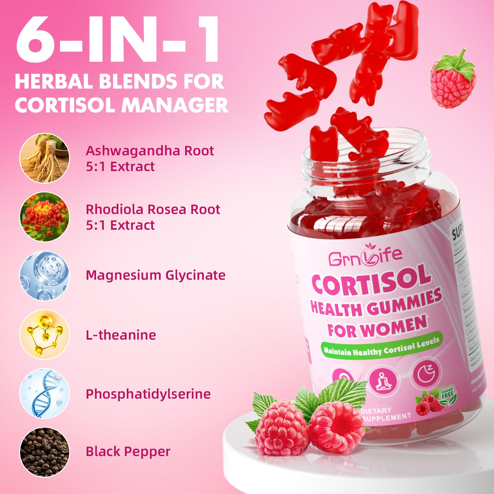 Cortisol Gummies for Women, Cortisol Supplements Gummies with Magnesium Ashwagandha Rhodiola Rosea and L-theanine Complex for Relaxation and Focus, Zzz Support, Raspberry Flavor, 60 Count GrnLifeBuy Supplements Australia