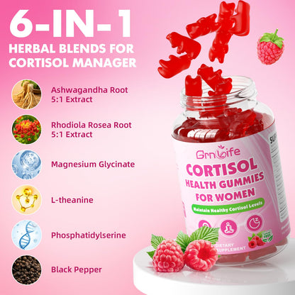 Cortisol Gummies for Women, Cortisol Supplements Gummies with Magnesium Ashwagandha Rhodiola Rosea and L-theanine Complex for Relaxation and Focus, Zzz Support, Raspberry Flavor, 60 Count GrnLifeBuy Supplements Australia