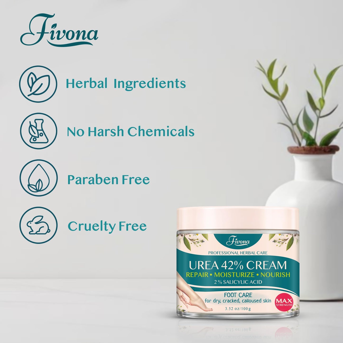 FIVONA 42% Urea Foot Cream for Thick, Rough Dry Skin - Maximum Strength Callus Softening with 2% Salicylic Acid, Tea Tree & Aloe Vera, 100g (3.5 oz) - Deep Moisturizing Foot Care FIVONA buy supplements Au