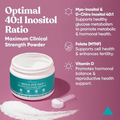 Eu Natural Regulate MAX Myo-Inositol & D-Chiro Inositol Supplement Powder for Women with Vitamin D & Folate Nutritional Support, Hormone Balance & Fertility Support, Unflavored 60 Servings Eu NaturalBuy Supplements Australia