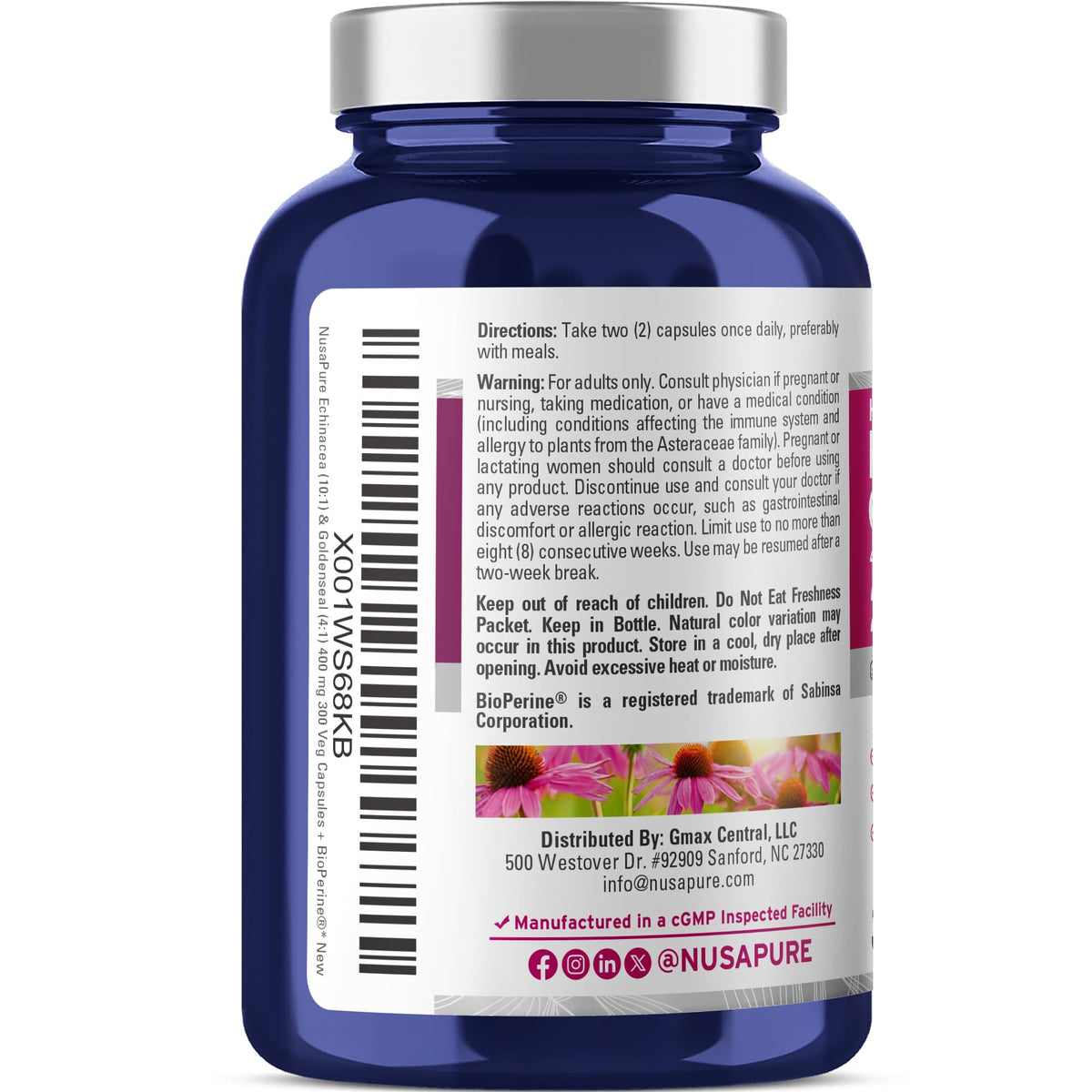 NusaPure Echinacea Goldenseal 200mg, (Extract 10:1, Equivalent to 2,000mg), 200mg, (Extract 4:1, Equivalent to 800mg) - 2800mg 300 Veggie Caps (Vegetarian, Non-GMO, Vegan) NusaPureBuy Supplements Australia