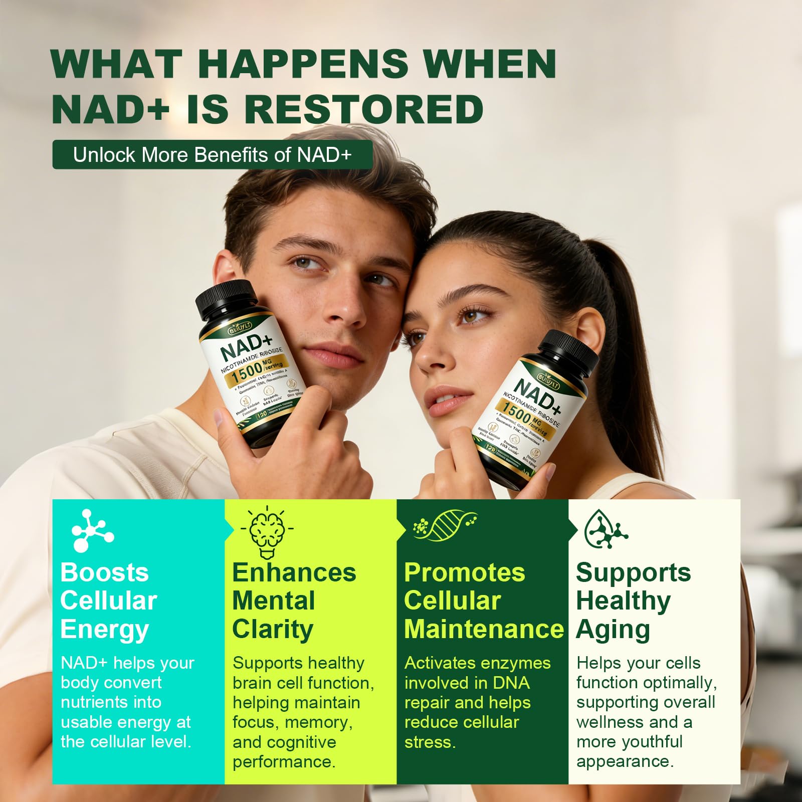 BUIUYLT NAD+ Supplement 1500mg, NR NMN Replacement with Resveratrol, Urolithin A, CoQ10 & Quercetin for Cellular Energy, Healthy Aging & Stamina for Women & Men - 120 Capsules BUIUYLTBuy Supplements Australia