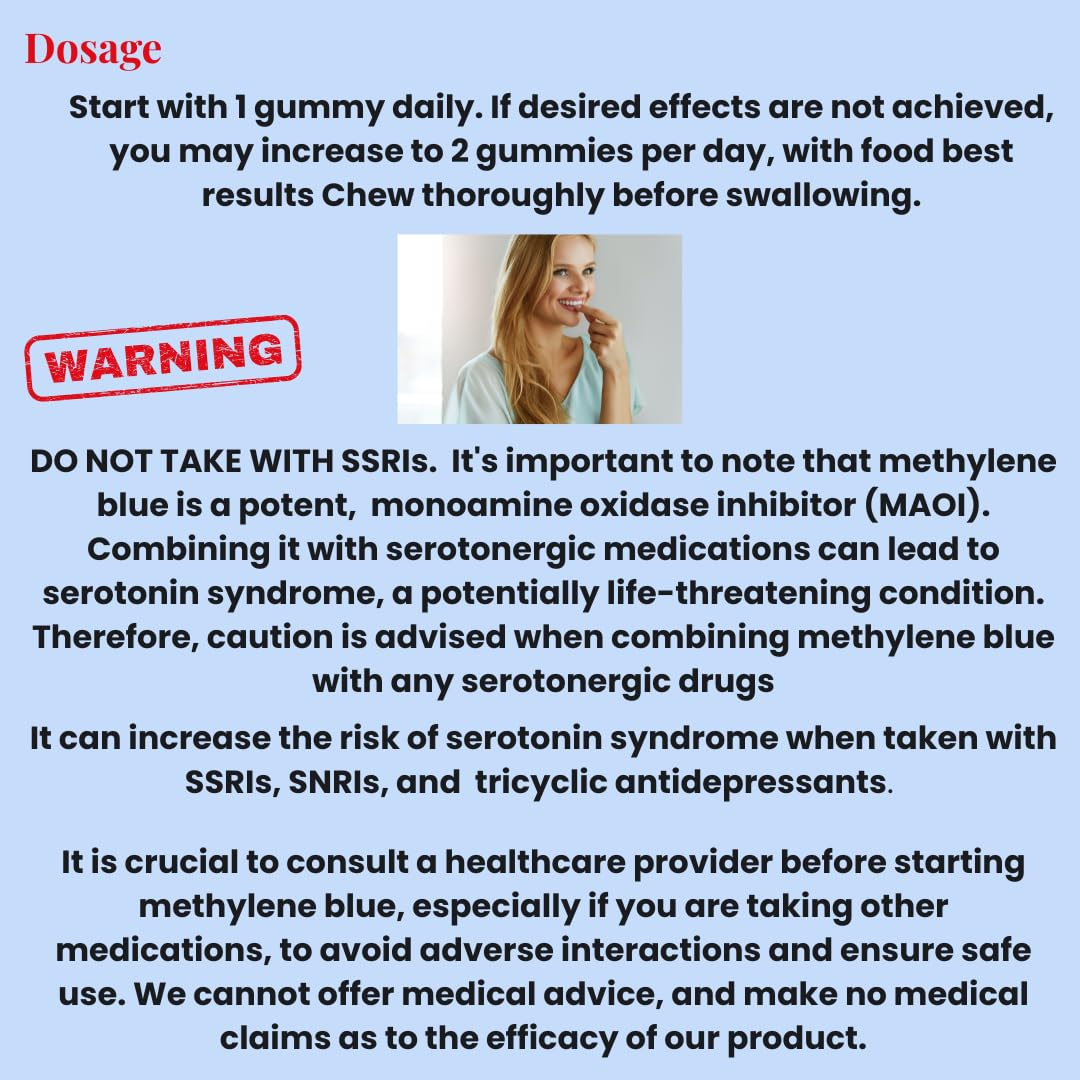 Methylene Blue Gummies 12mg Made in USA Cognitive Support w/Added Vitamin C, NAD,L Methylfolate, Methylcobalamin b12, Mitochondrial Support, Brain Health & Focus, Clarity, methylated Vitamins True reflectionzBuy Supplements Australia