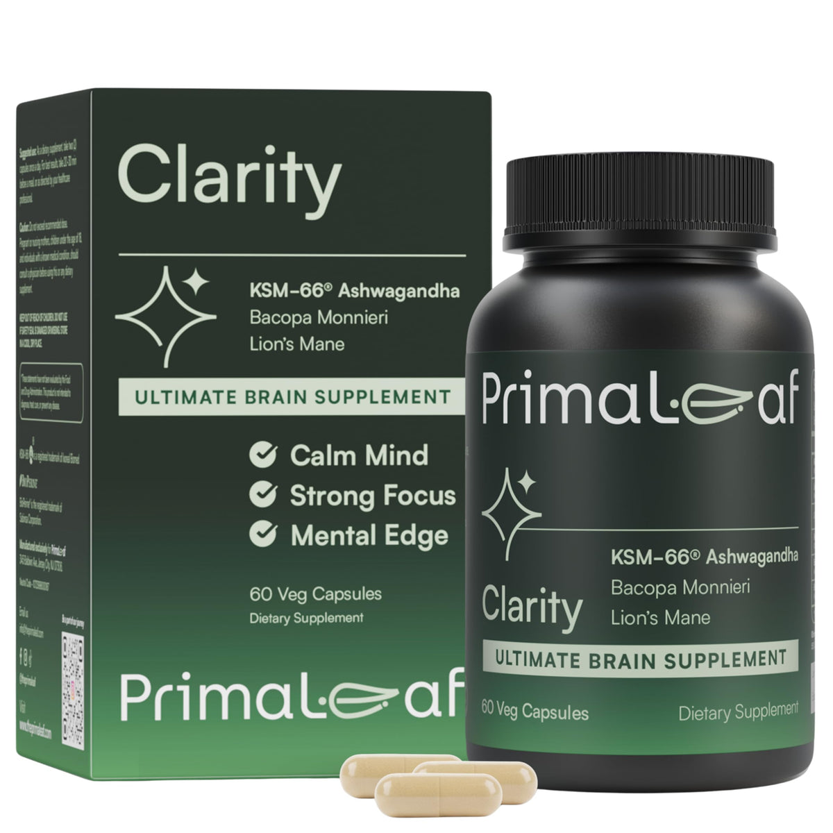 PrimaLeaf Clarity Nootropics Brain Supplement for Focus, Memory, & Stress Relief | Natural Nootropic with KSM66 Ashwagandha, Lions Mane, Bacopa, L Theanine | Cognitive & Mood Support | 60 Veg Capsules PrimaLeafBuy Supplements Australia