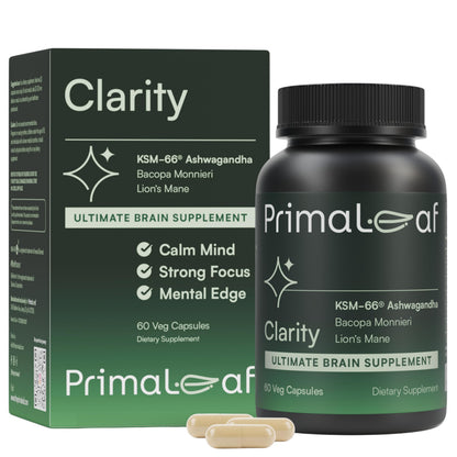 PrimaLeaf Clarity Nootropics Brain Supplement for Focus, Memory, & Stress Relief | Natural Nootropic with KSM66 Ashwagandha, Lions Mane, Bacopa, L Theanine | Cognitive & Mood Support | 60 Veg Capsules PrimaLeafBuy Supplements Australia