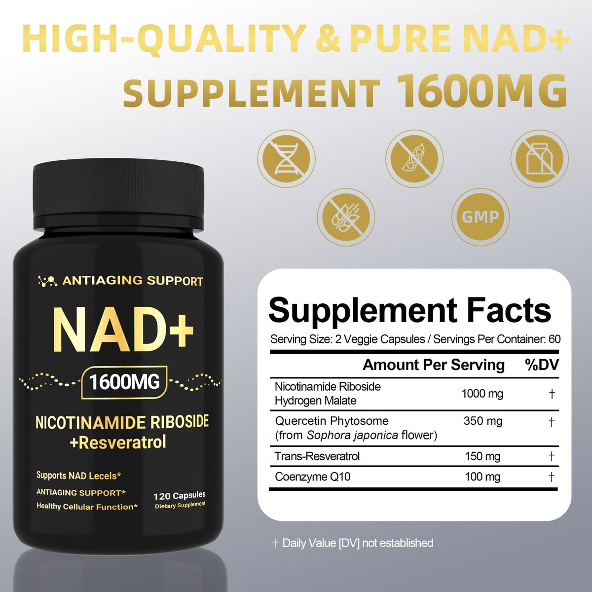 NAD Supplement 1600mg, NAD+ with Resveratrol & Nicotinamide Riboside, Anti-Aging Support, Cellular Energy & Mental Clarity Support, Vegan Non-GMO, 120 Capsules ANTIAGING SUPPORTBuy Supplements Australia