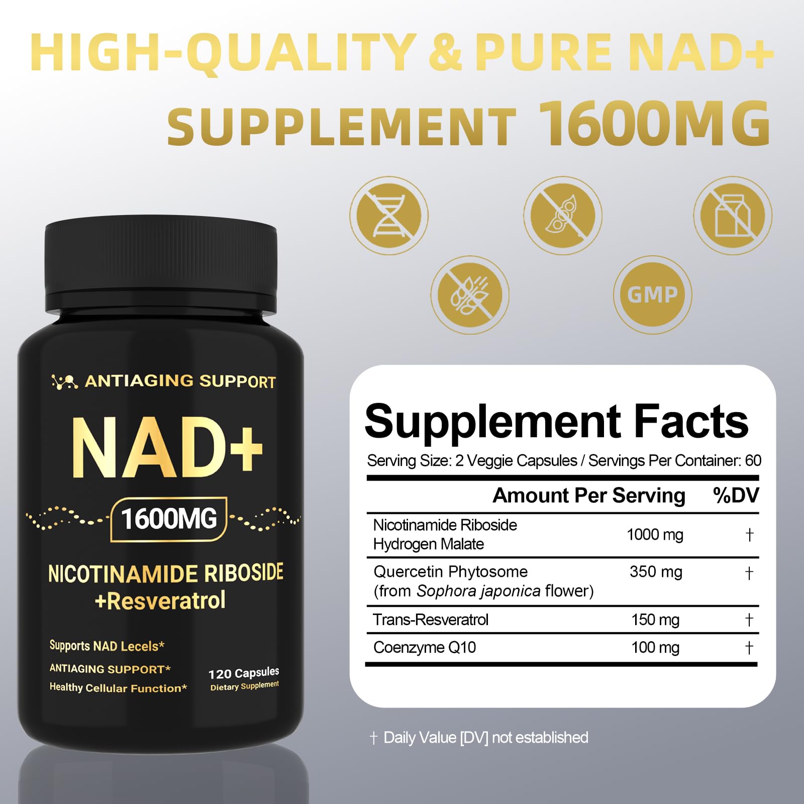 NAD Supplement 1600mg, NAD+ with Resveratrol & Nicotinamide Riboside, Anti-Aging Support, Cellular Energy & Mental Clarity Support, Vegan Non-GMO, 120 Capsules ANTIAGING SUPPORTBuy Supplements Australia
