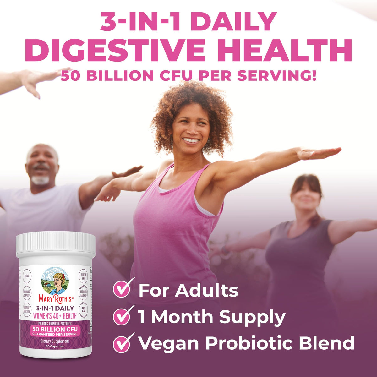 MaryRuth's 3-in-1 Daily Health 40+ Probiotics for Women | Hormonal & Menopause Support Supplement for Women | Gut Health Capsules | 50 Billion CFU | Allergen Free | 30 Ct MARYRUTH'SBuy Supplements Australia