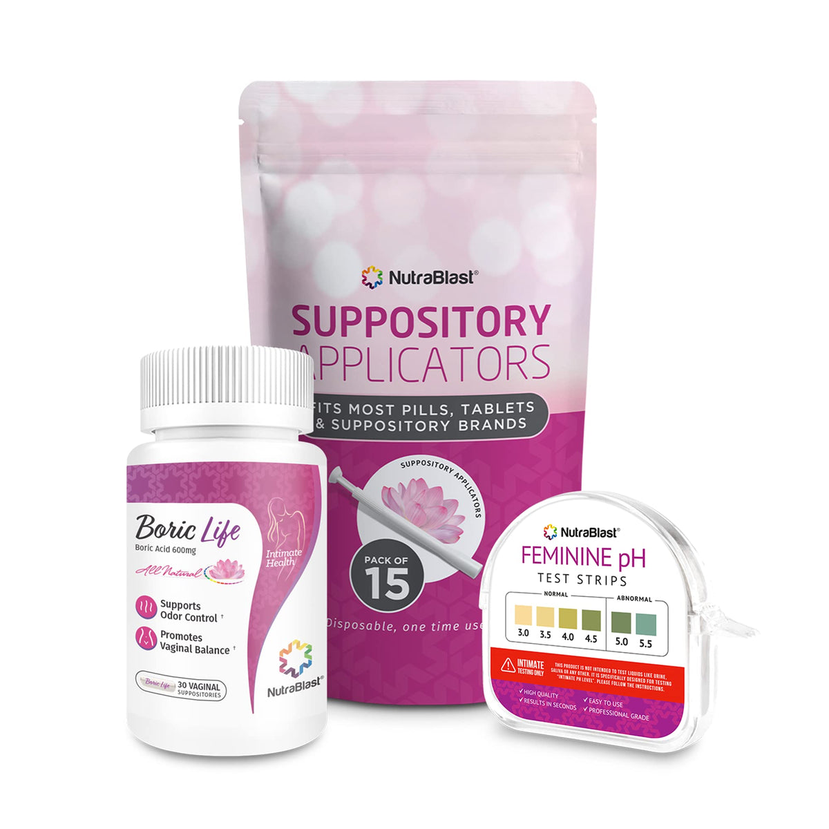 NutraBlast Boric Acid Suppositories 600mg (30 Count) Bundle with Disposable Suppository Applicators (15-Pack) and Feminine pH Test Strips 3.0-5.5 (100 Tests Roll) NutraBlastBuy Supplements Australia